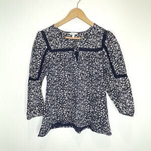 Lucky Brand Boho Peasant Top Womens Large Navy Blue Floral Prairie 3/4 Sleeves